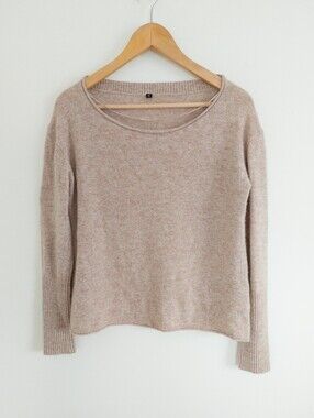 Australian Wool Blend Wide Scoop Neck Knit Sweater Beige Tan Small